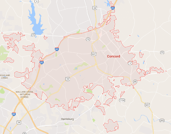 The outline of Concord, NC, is highlighted in red for geographical boundaries.