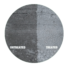 The left half of the image compares untreated concrete to the right side, which is an image of treated concrete.