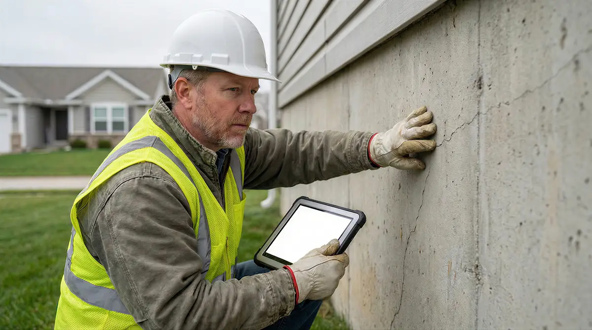 Inspector checking a Charlotte home for signs of foundation problems