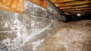 mold and mildew growth on a crawl space wall
